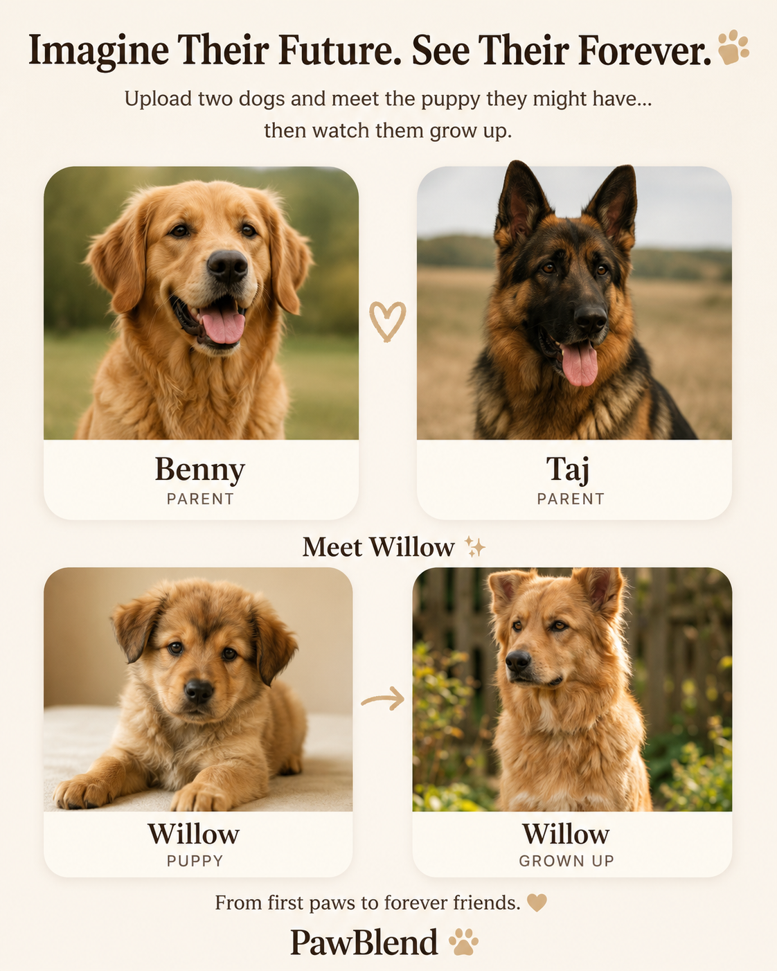 Two parent dogs, their imagined puppy, and the puppy grown up